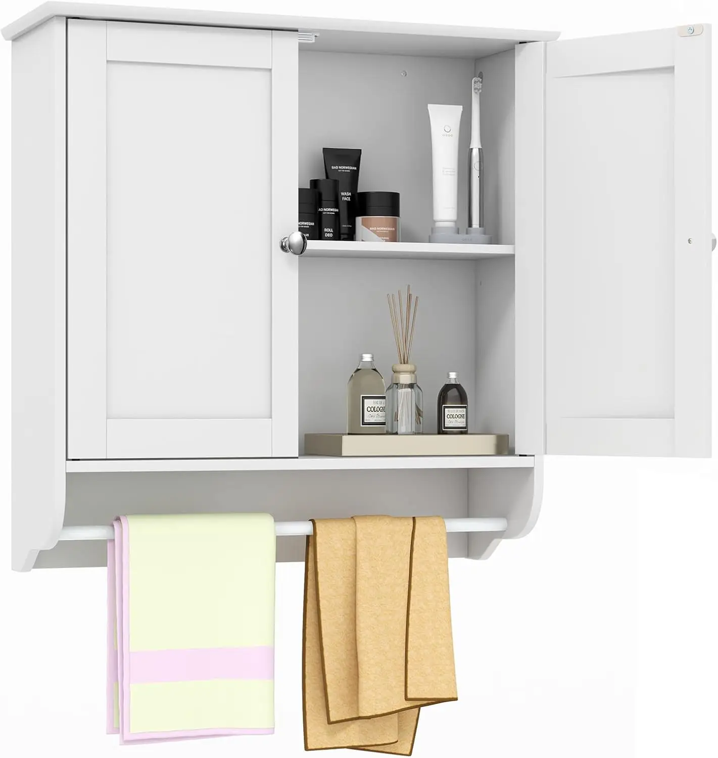 **/Bathroom Wall Cabinet, Over The Toilet Medicine Cabinet W/ 2 Doors, Adjustable Shelf, Towel Bar
