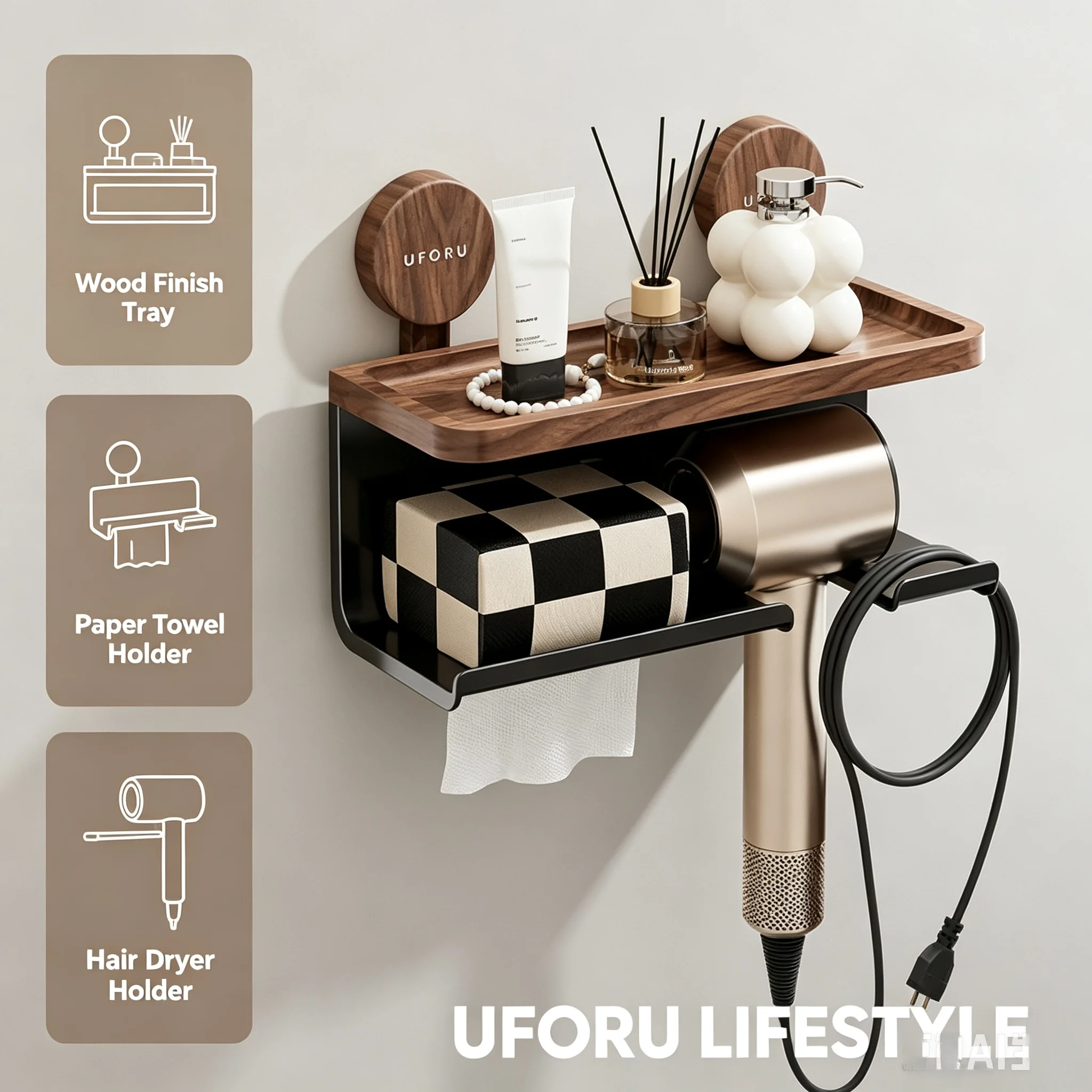 No‑Drill Wall Mount Hair Dryer Holder, Wood‑Top Multifunctional Bathroom Organizer with Paper Towel Dispenser, Suction Wall Hairdryer Storage Rack for Bathroom Vanity