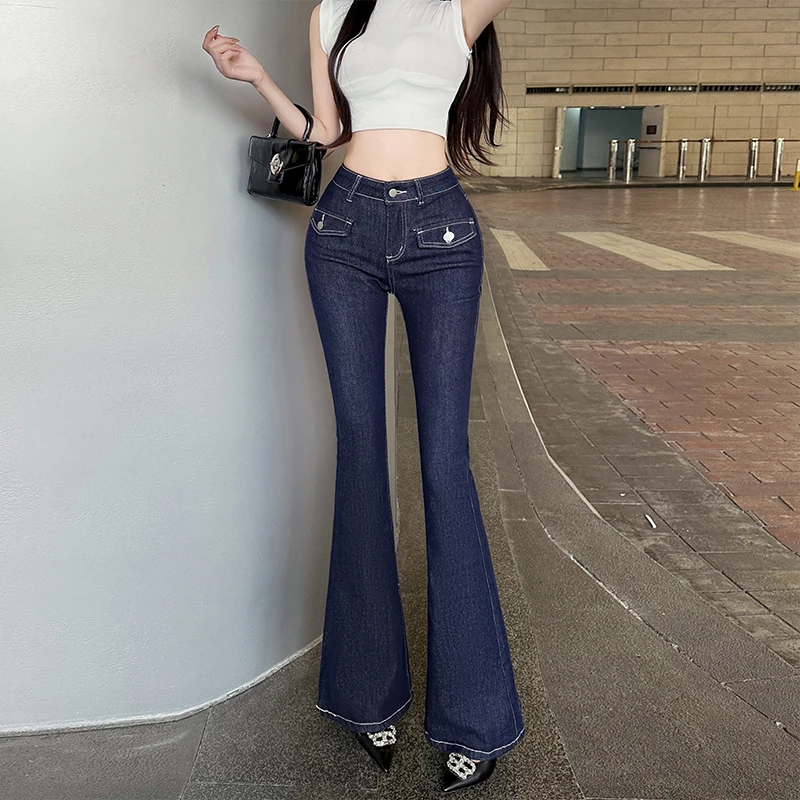 جينز نسائي من Color Blo مزخرف بخصر عالٍ وسراويل طويلة متوهجة للتخسيس عتيقة ربيعية متعددة الاستخدامات من قماش الدنيم... #4