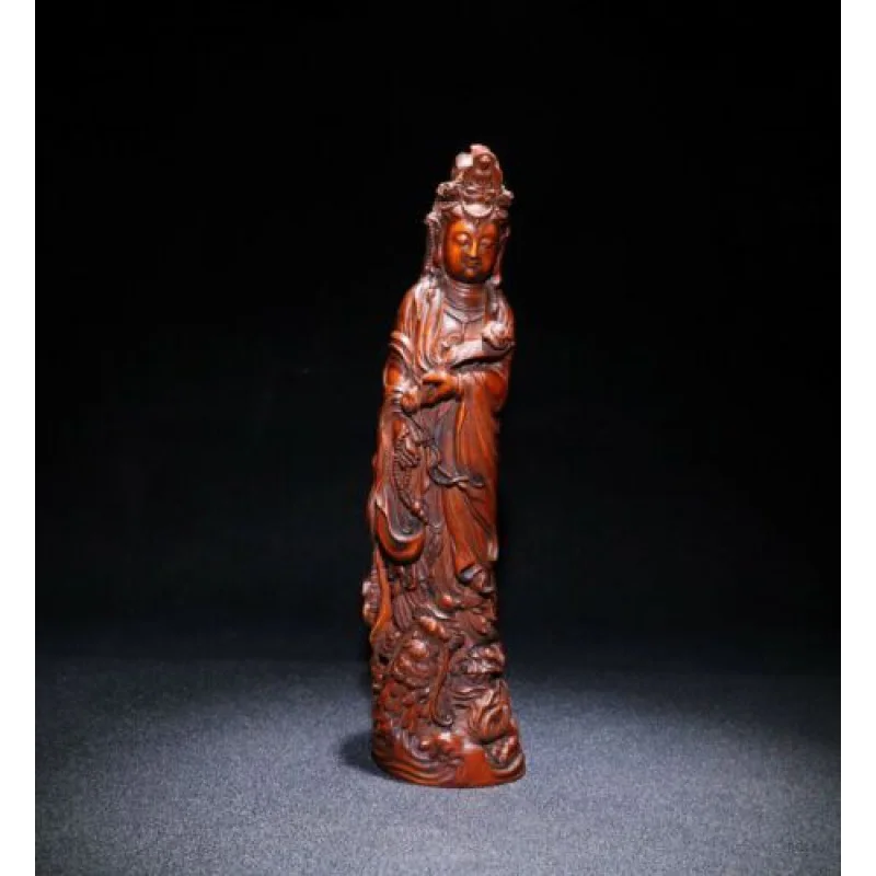 8 Inch Chinese Wooden Buddha Statue Natural Square Wood Guanyin Guanyin Statue