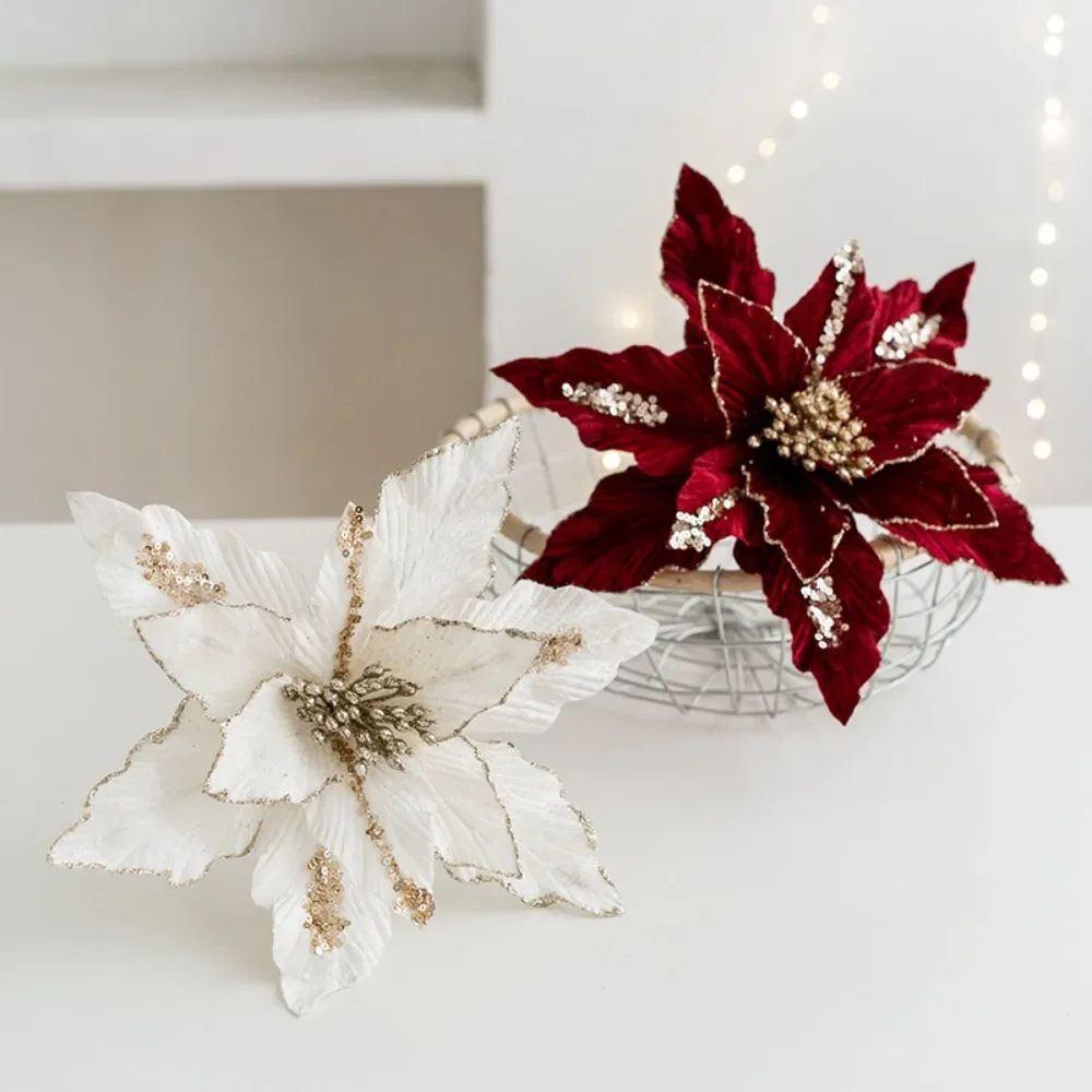 

26cm Glitter Christmas Poinsettia Flower Realistic Xmas Tree Hanging Flower Merry Christmas Decoration Xmas Gifts Happy New Year