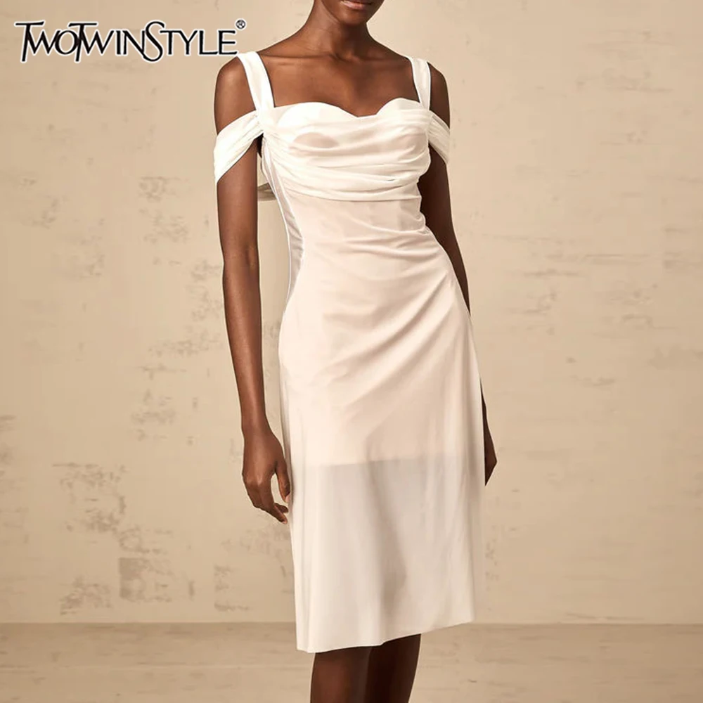 

TWOTWINSTYLE Solid Slimming Temperament Dresses for Women Square Neck Sleeveless Patchwork Folds Dress Female Elegant Clothing