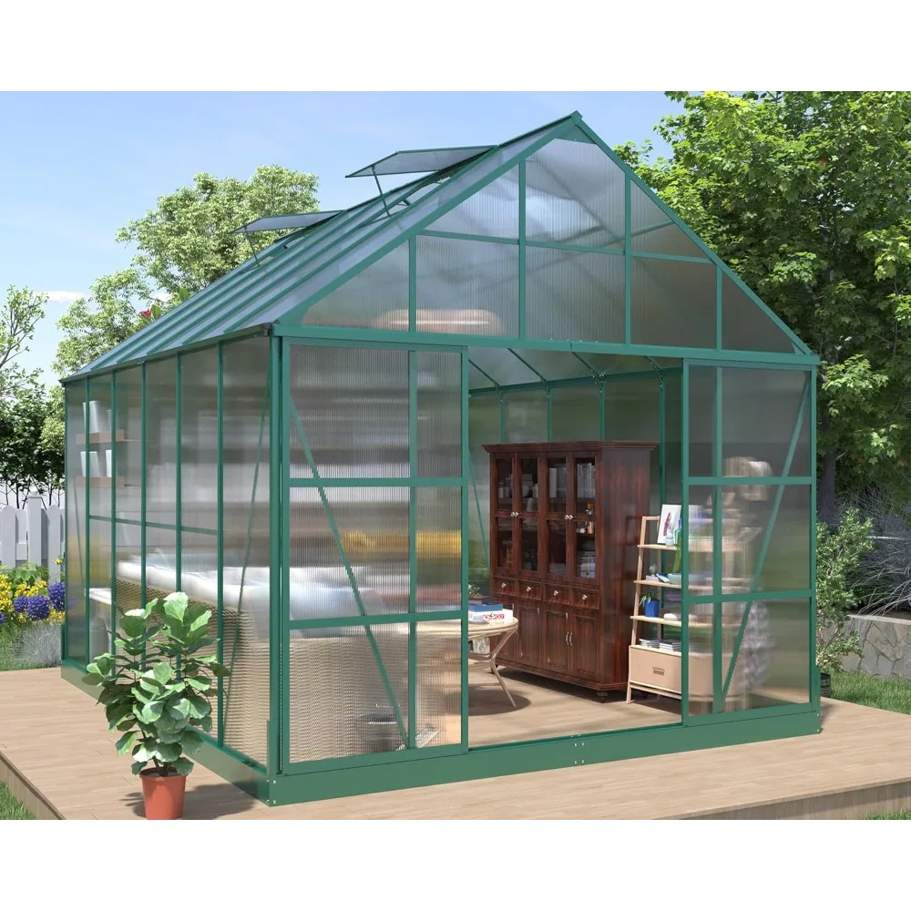 12x10x10x10 Feet Polycarbonate Greenhouse, A Large Walk-in Aluminum Greenhouse with 2 Sliding Doors and 4 Ventilation Windows