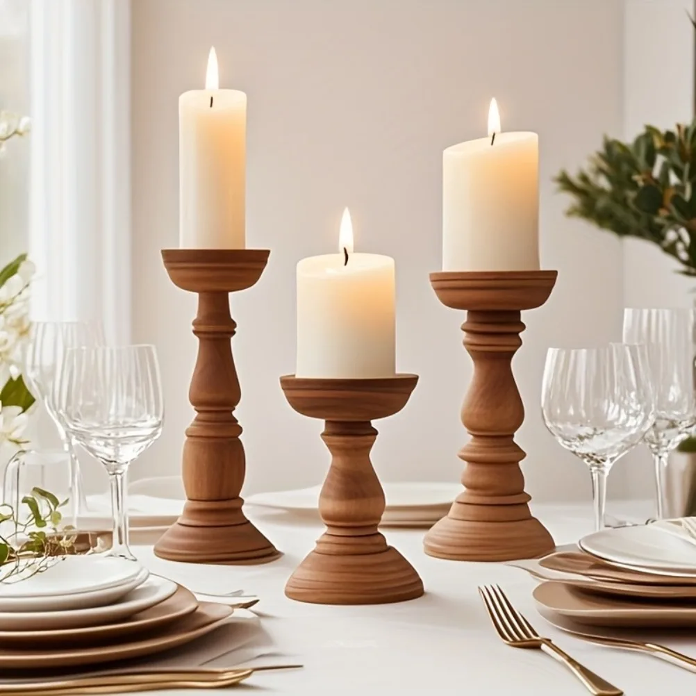 Vintage Wooden Candle Holders 3pcs Valentine's Day Wedding Cylindrical Candle Holder Desktop