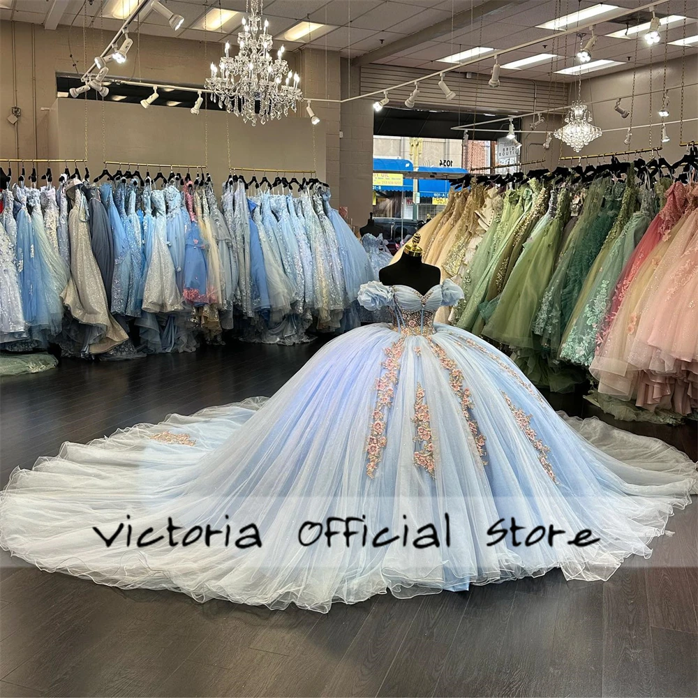 Princess Light Blue Off The Shoulder Lace Applique Quinceanera Dresses 2024 Princess Sweet 15 Years Girl Birthday Customized