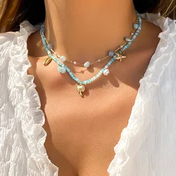 Boho Multi Layer Crystal Beads Short Clavicle Chain Choker Necklace For Women Fashion Geometric Metal Stars Pendant Jewelry