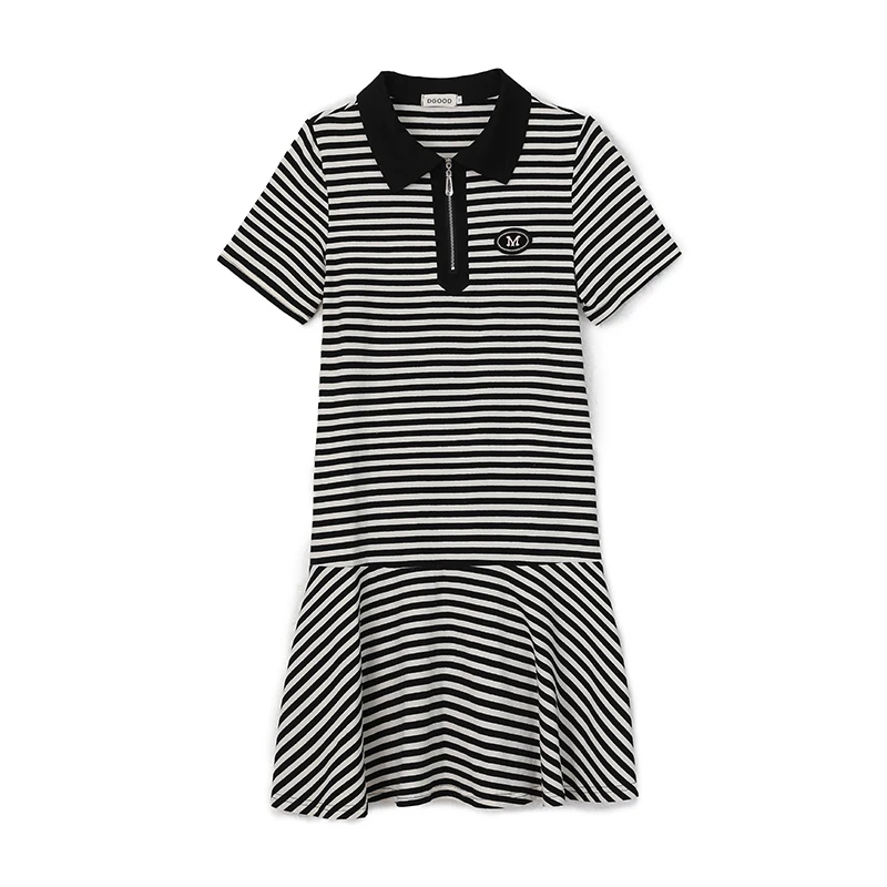 Dames Katoenen Mini T-Shirt Jurk Zomer Dames Polokraag Korte Mouw Grote Maat Elegante Slanke Streep Ruches Patchwork Vestidos