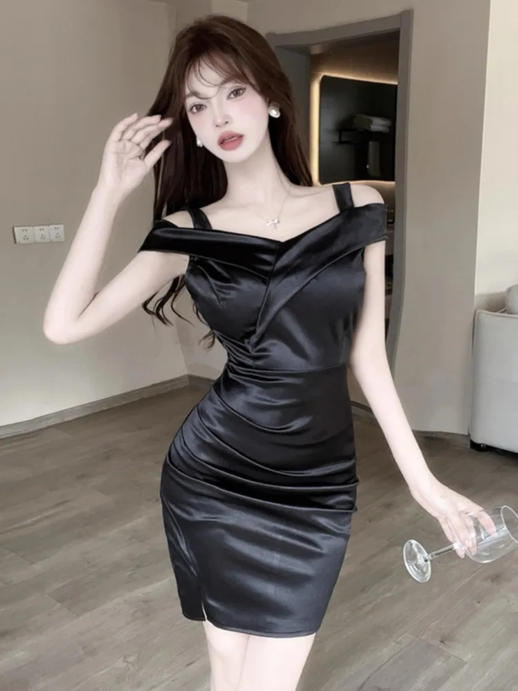 Ezgaga Woman Dress Sexy Sleeveless Off Shoulder Slash Neck Slim Satin Backless Party Mini Dresses Elegant Clubwear Female