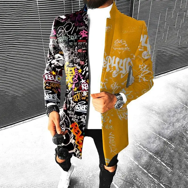 

Men's Woolen Standing Collar Coat Faion Urban Sle Printed Slim Fit Daily Wear Side S ket Regular Length Coat