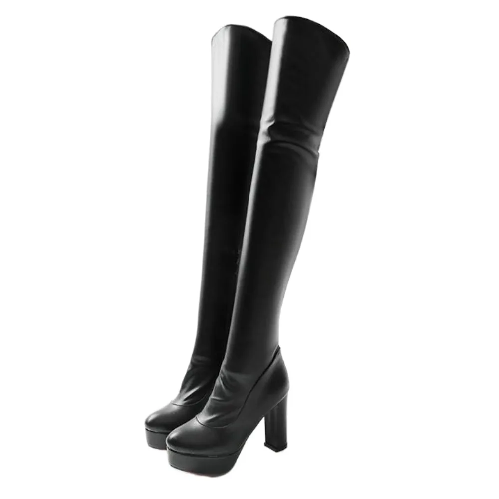 

Сапоги выше колена, женские пикантные сапоги выше колена с круглым носком на высоком каблуке с внутренней молнией, тонкие сапоги большого размера для вечеринок и танцев на платформе, рыцарские сапоги 8093