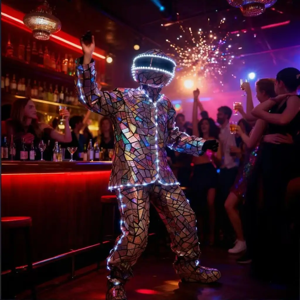 

Мужской светодиодный футуристический металлический зеркальный костюм с зеркальной пленкой, костюм для сцены, DJ, танцев, Sci-Fi, косплей, наряд для выступлений