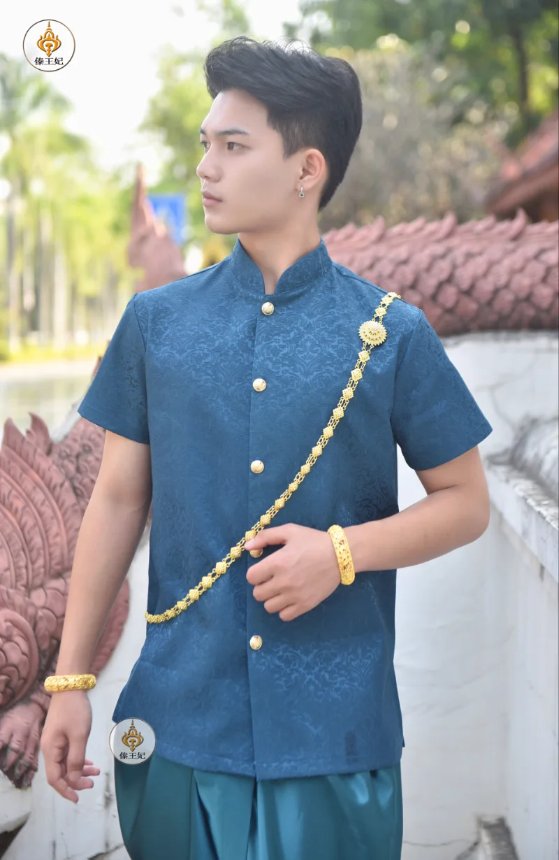 Spring Summer Traditional Thailand Clothing for Men Southeast Asian Clothes Thai Costume Tops Pants Restaurant Hotel Welcome