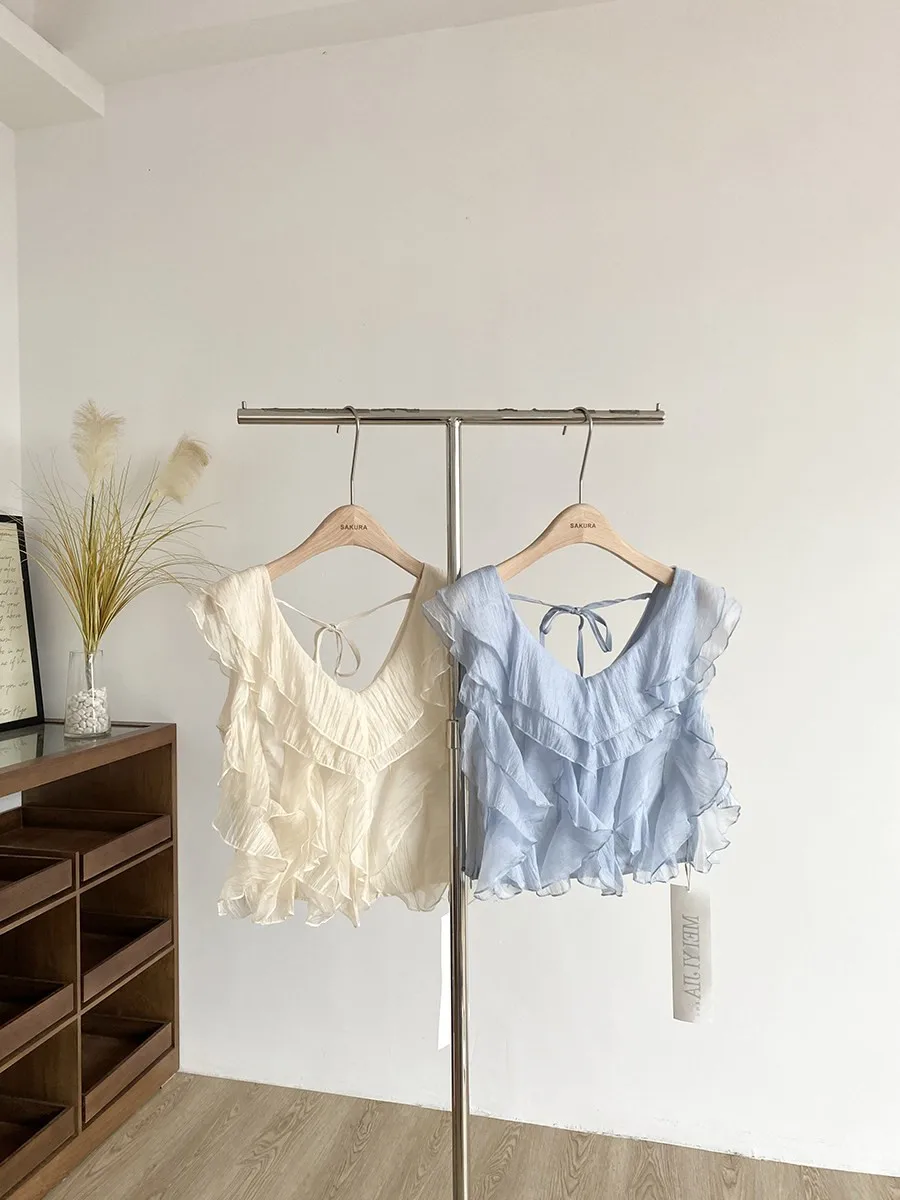 

Корейский стиль: Милая асимметричная блузка-топ с V-образным вырезом, без рукавов, с открытой спиной и поясом, женская, короткая, из полиэстера