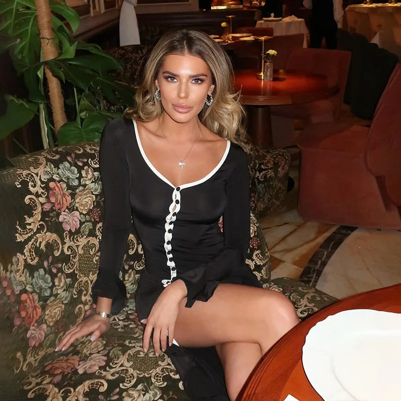 المرأة Bodycon فستان طويل الشارع الشهير موضة سبليت غير النظامية كشكش هيم فساتين الإناث مثير واحدة الصدر العميق فستان بفتحة عنق على شكل v