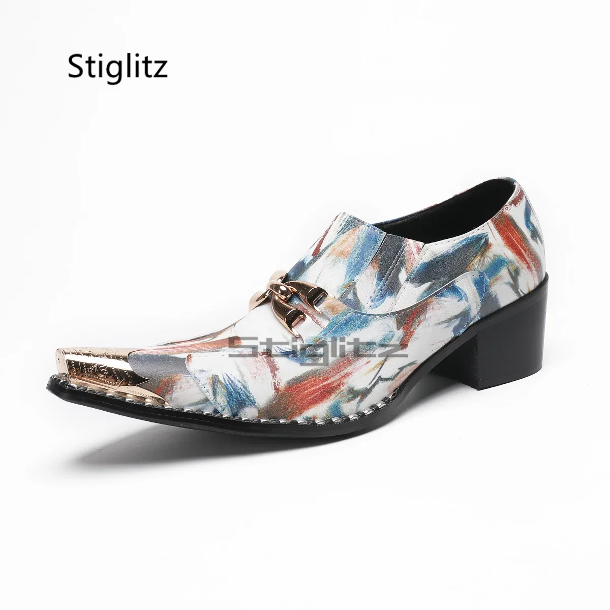 Prints Graffiti High Heels Men's Shoes Genuine Leather Pointed Metal Toe Slip-On Shoes Dress Stage Party Shoes Buckle Loafers