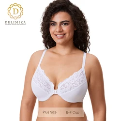 DELIMIRA Women's Racerback Front Closure Bra Plus Size Full Coverage Lace Underwire Unlined Support Bras