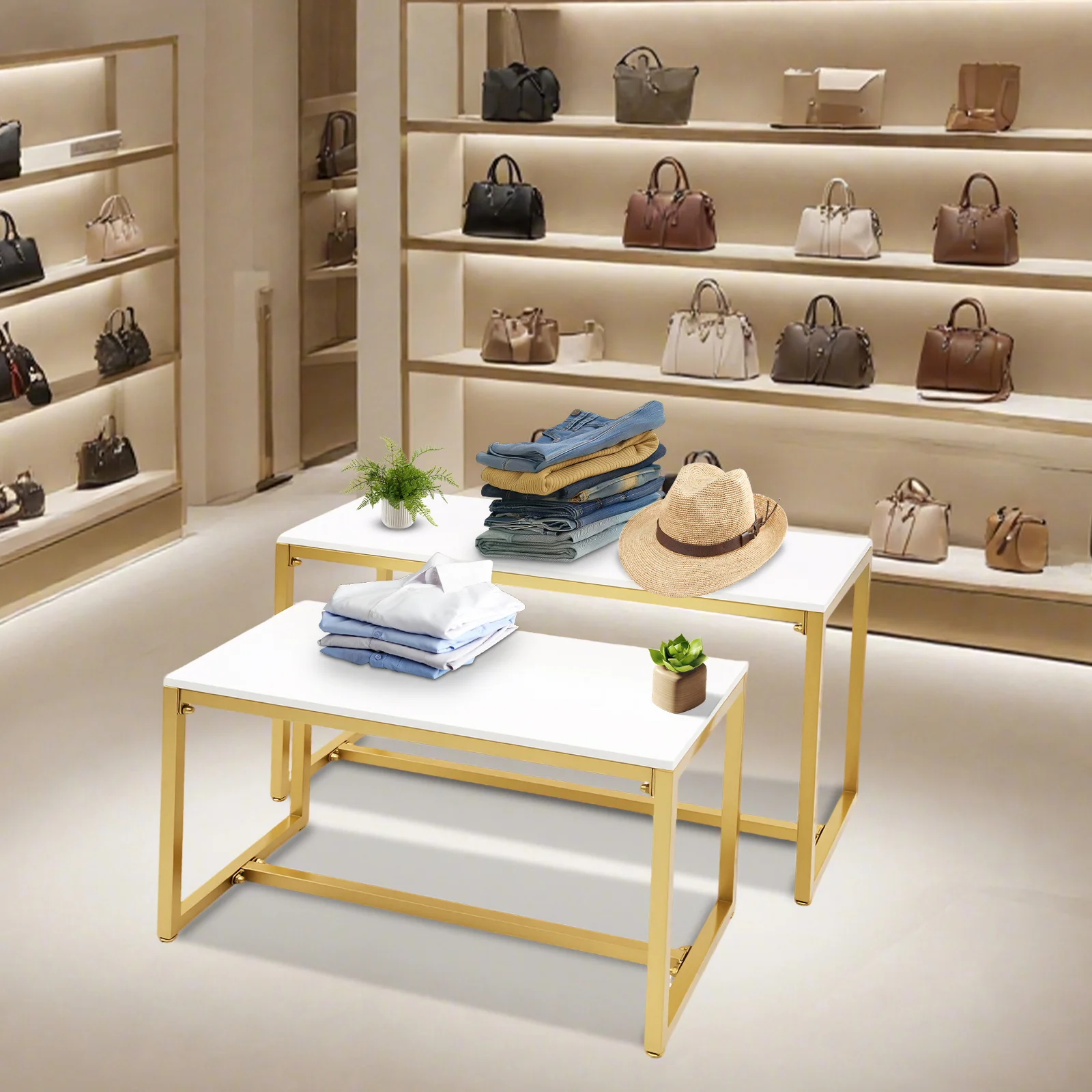 2-Tier White Gold Display Stand, 50KG Load Bearing Metal Shoe Rack, Retail Store Hotel Boutique Merchandise Fixture