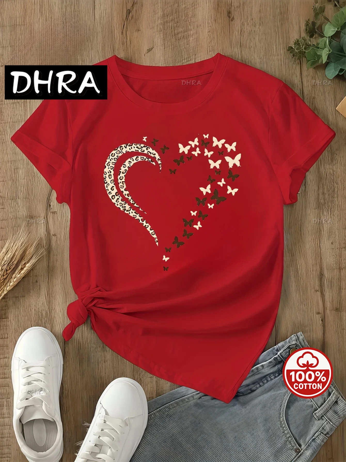 حار بيع Slee lar النسيج - مجموعة الربيع والصيف والخريف المرأة عارضة المتناثرة تي شيرت مع نمط القلب طاقم الرقبة خمر #1