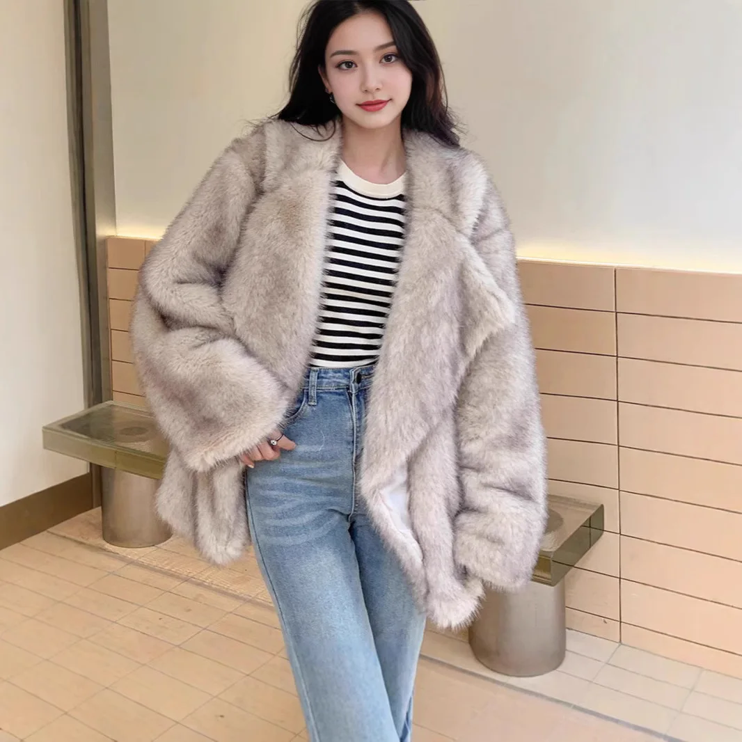 Women's Mid-Length Loose Fur Coat  Fur Simulation Artificial Hair West Suit Collar Winter Outerwear Fashionable Coat