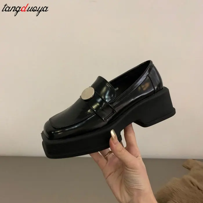 Platform Heel Loafer Shoes for Women Lolita Contrast Color Pumps Women Chunky Heel Slip-on Leather Shoes British style Women's