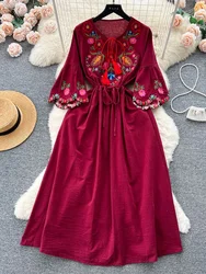 Women Summer Dress with New Minority Retro National Wind Heavy Industry Embroidery Lace Waist Horn Sleeve Fairy Vacation D4887