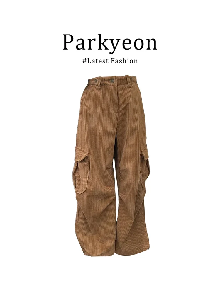 Parkyeon American Caramel Color Corduroy Wide Leg Work Pants Women's Loose High Waist Long Trousers Autumn Winter New Style