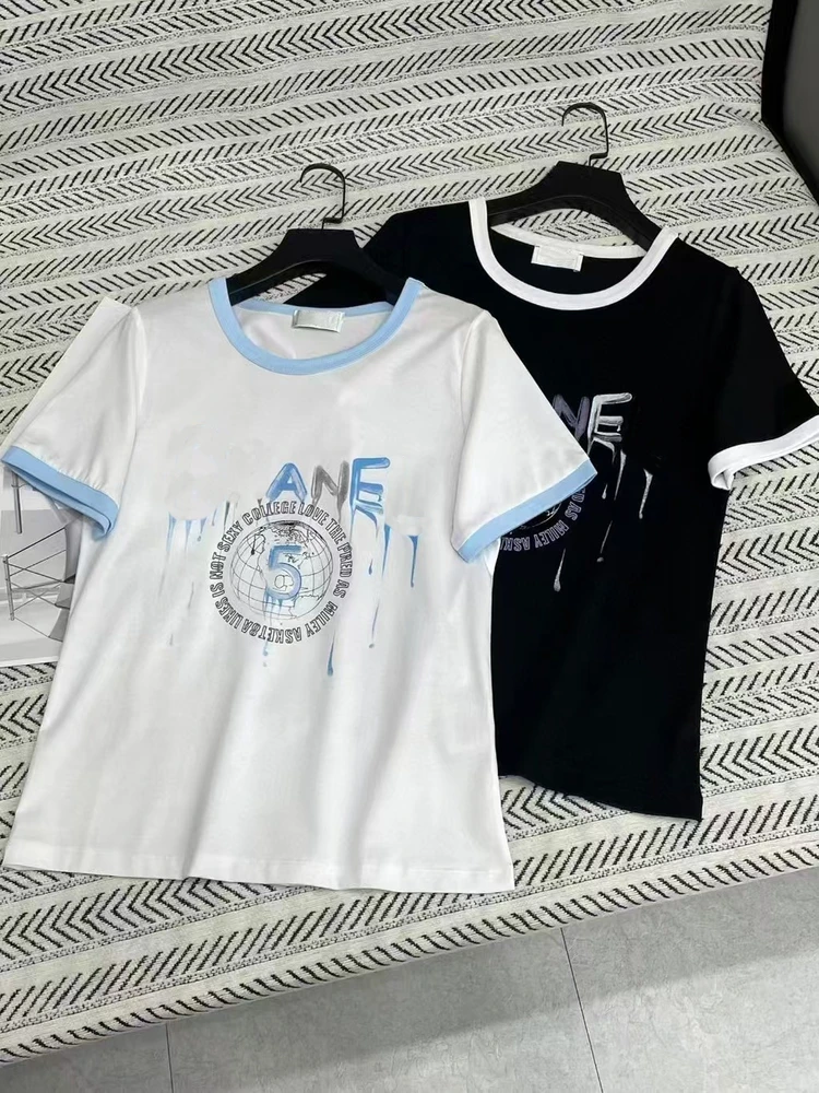 

2025 New Arrival Casual Fashionable Versatile Round Neck Contrast Color Printed Slim Fit Short Sleeve T-Shirt Top