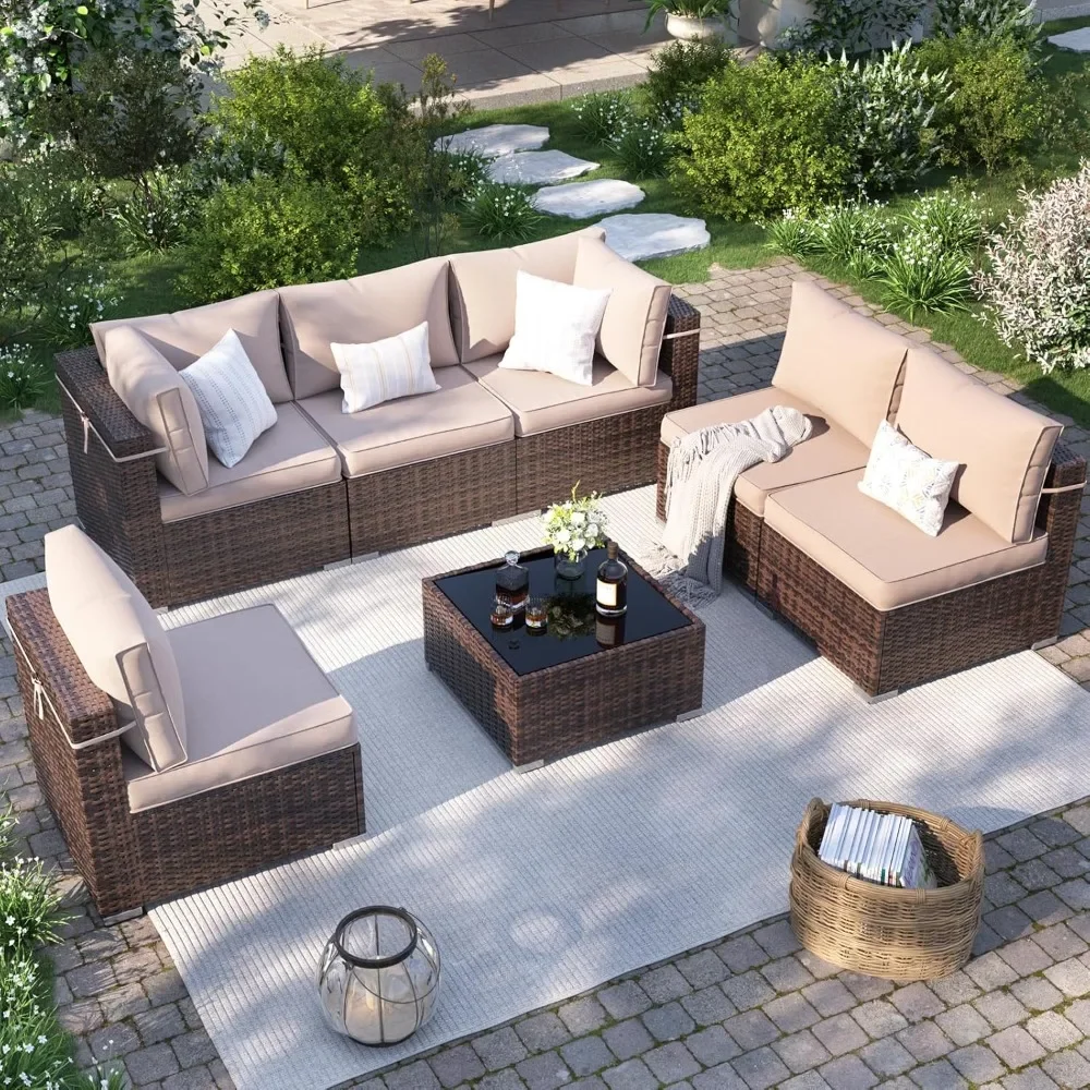 

Patio Furniture Set, 7-Piece Outdoor Sectional with Free Cover, All-Weather Wicker Patio Conversation Sets for Backyard