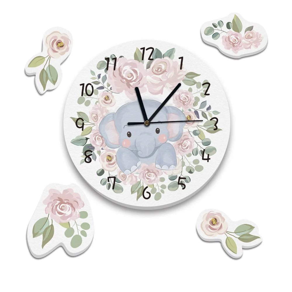 Funlife خرافة الغابات المائية الرياح الأطفال ساعة حائط الكرتون لطيف الفيل الصغير زهرة ساعة يمكنك تصميم واجهتها بنفسك SWC018
