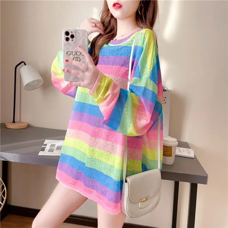 DAYIFUN Rainbow Striped T-shirts Women Oversize Transparent Tees Sexy Long Sleeve Harajuku Aesthetic Loose Casual Thin Mesh Tops