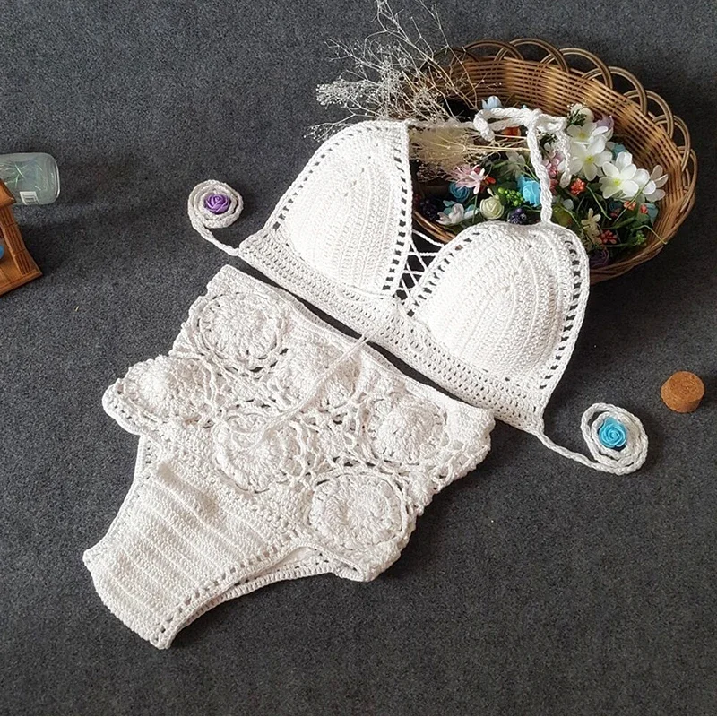 Nuevo conjunto de Bikini tejido para vacaciones 2025, Bikinis con cuello Halter de cintura alta para mujer, traje de baño para mujer, traje de baño Bandage para mujer, Bikini