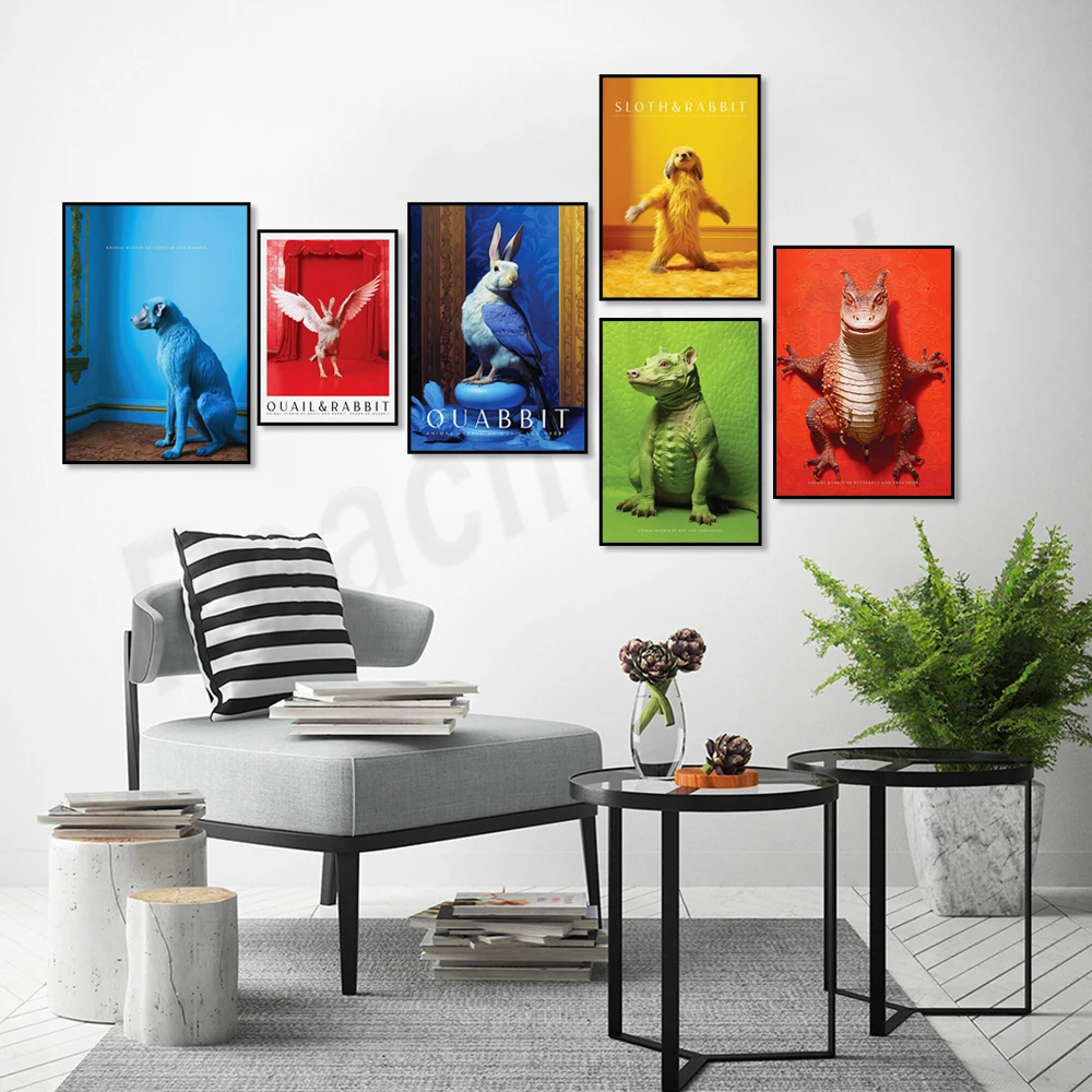 Cat and rabbit crossbreed animal, quail and rabbit crossbreed animal, baboon penguin mix, wild animal crossbreed, art poster