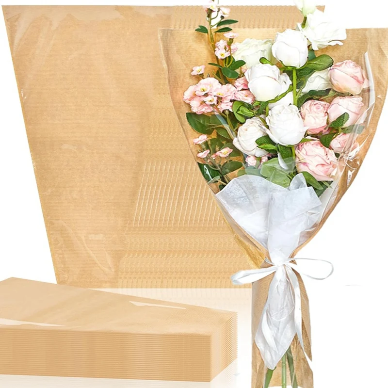 50 Pack Flower Sleeves For Bouquet Clear Front Kraft Flower Paper 14 X 22 Inches