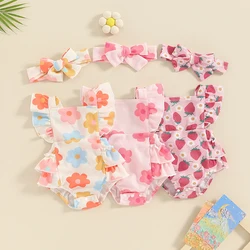 0-18M Summer Infant Baby Girl Bodysuit Fly Sleeve Ruffle Cute Floral/Stawberry Romper Newborn Girl Jumpsuit Headband 2Pcs Outfit