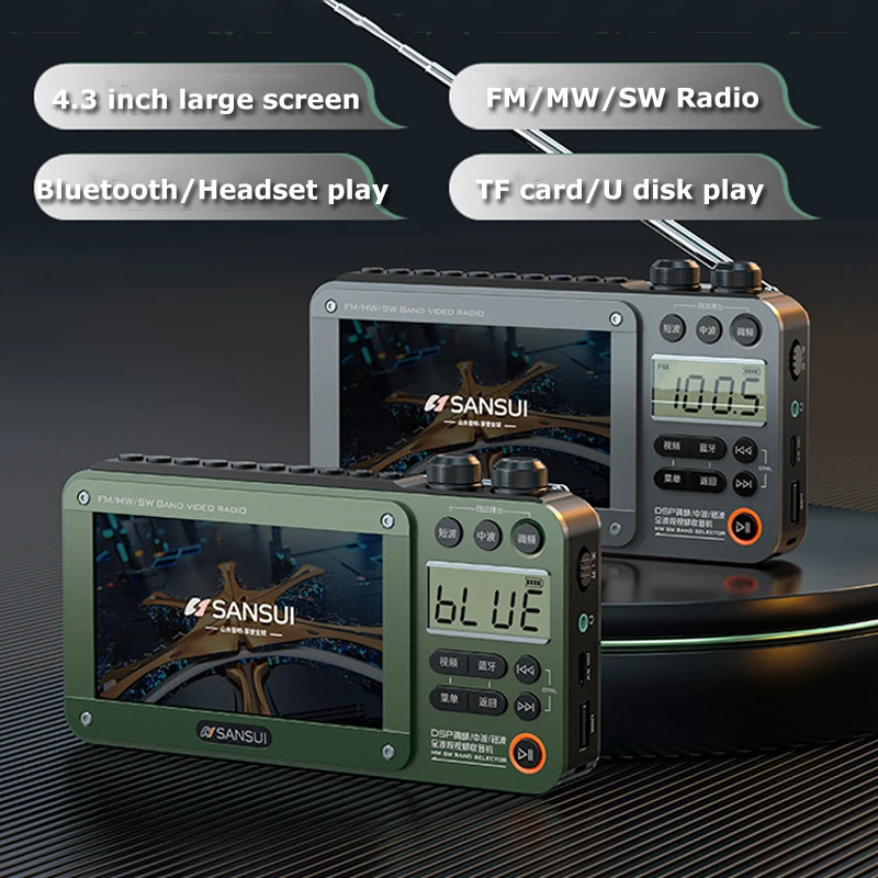 SANSUI-REPRODUCTOR DE vídeo y música F50 para exteriores, Radio FM/MW/SW HD de 4,3 pulgadas, tarjeta enchufable, altavoces inalámbricos portátiles recargables con Bluetooth