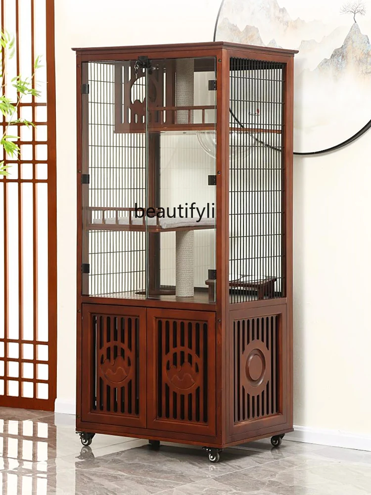 New Chinese Style Villa Solid Wood  Cage Household Non-Covering Cat Cabinet Oversized Cat House Indoor Cat House