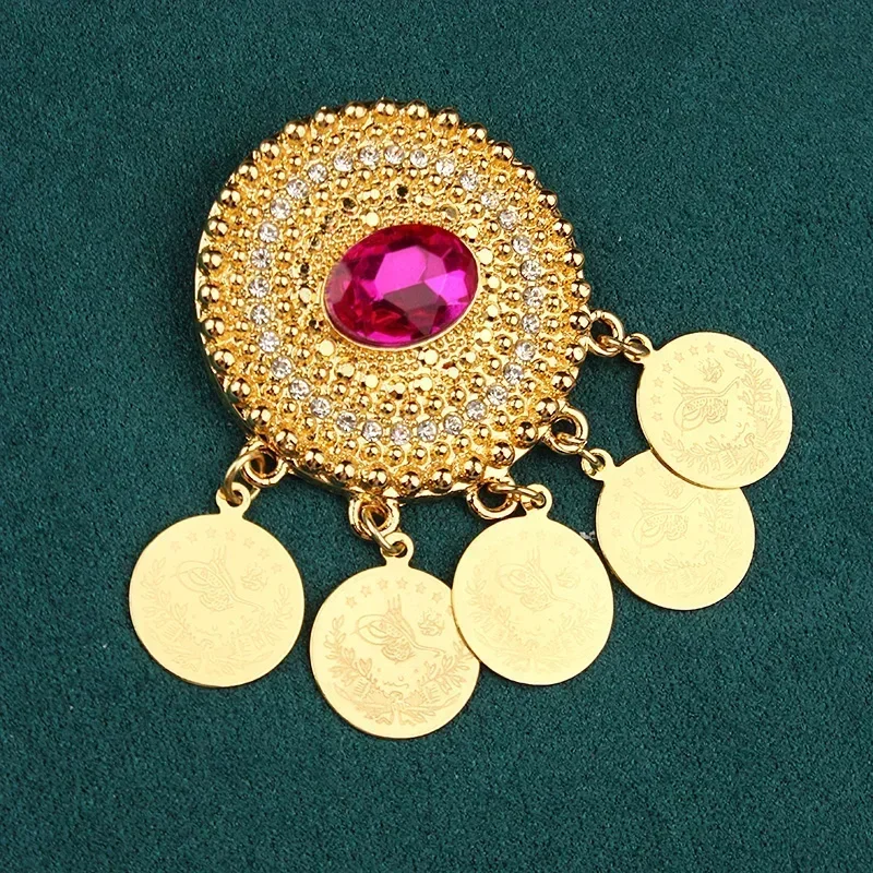 Crystal Brooch for Women, Female Coin Gold Plated Pendant Brooch, Arabian Wedding Jewelry Brooches, Luxury Designer Lapel Pins