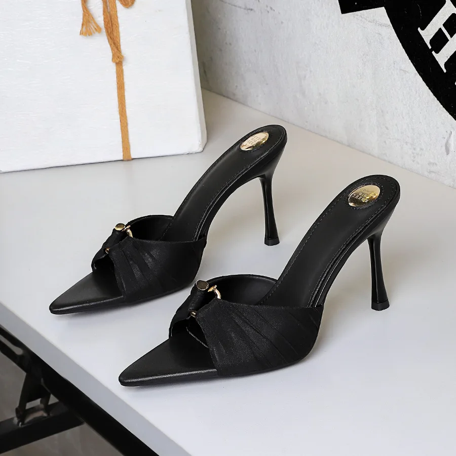 BIGTREE Summer Elegant Metal Buckle Thin Heel Slippers Fashion Open Toed Women's Shoes Pointed Wrinkle Sandals view 2