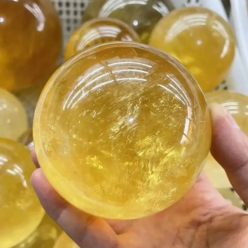 كرة الكالسيت الصفراء الطبيعية شفاء كريستال كوارتز الكرة الأحجار الكريمة الريكي غرفة الديكور سيترين الكالسيت هدية #1