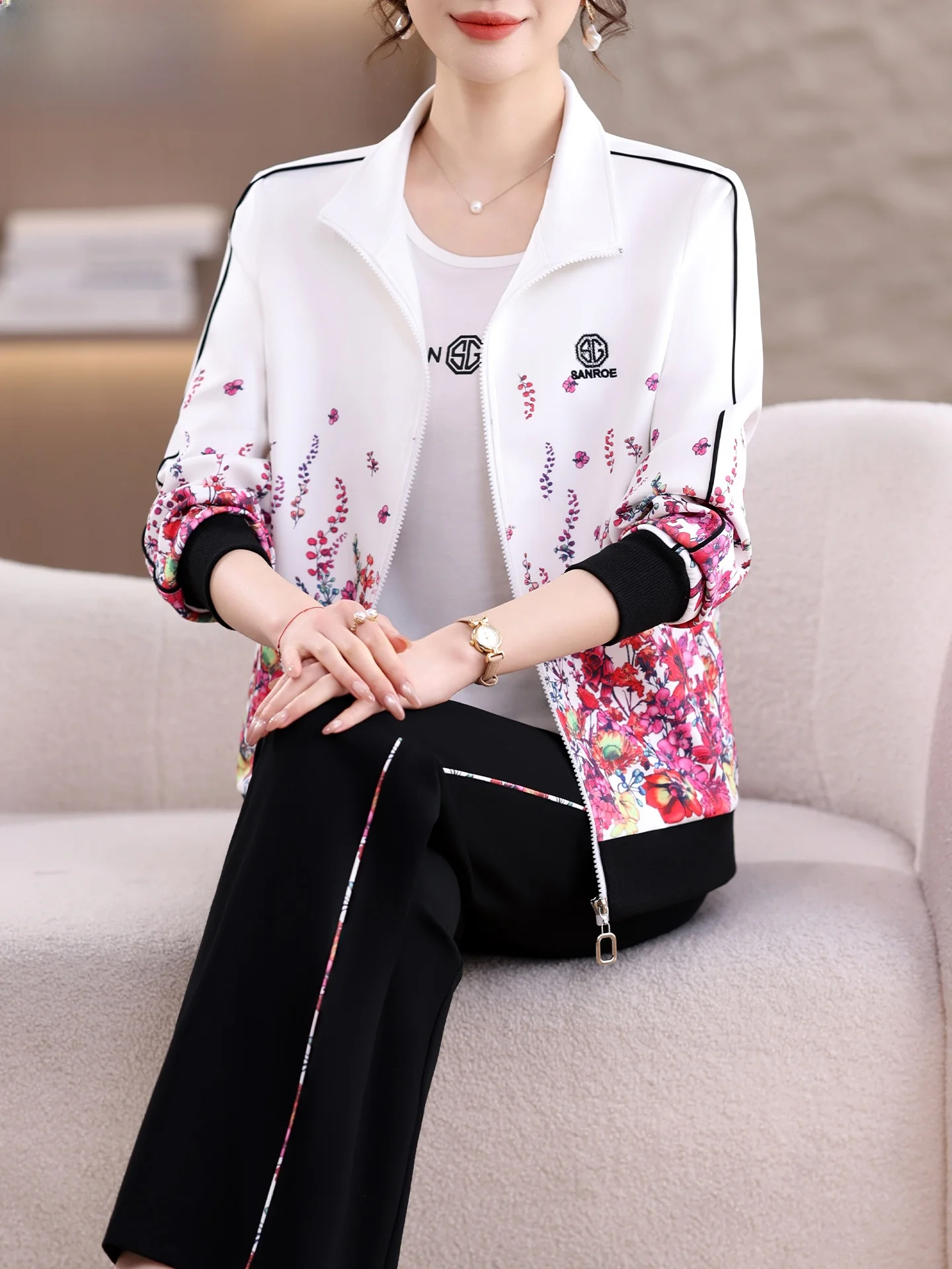 

Весенний повседневный женский комплект из двух предметов: свободные брюки и топ с молнией, дышащий полиэстер