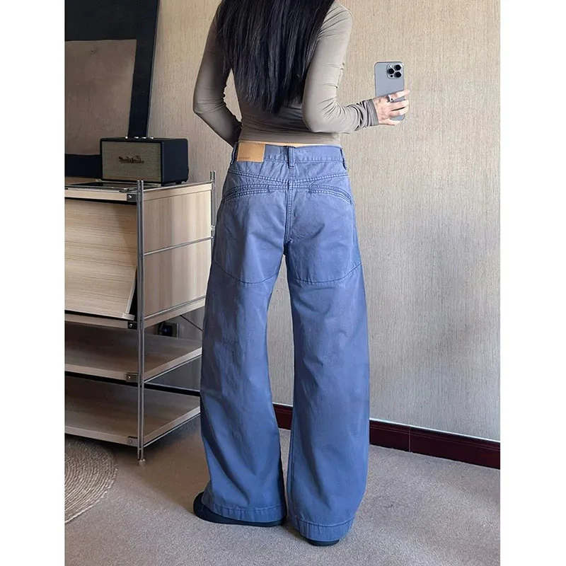 Women New Spliced‑Cut Deconstructed Washed Jeans Girls Niche Trendy‑Design Loose Straight‑Leg Wide‑Leg Long Trousers