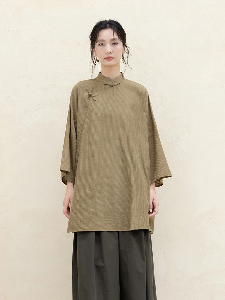 

Новая коллекция Le: Шелково-хлопковый свободный топ с длинным рукавом, узором и желтыми вставками, ранняя осень, новый китайский стиль