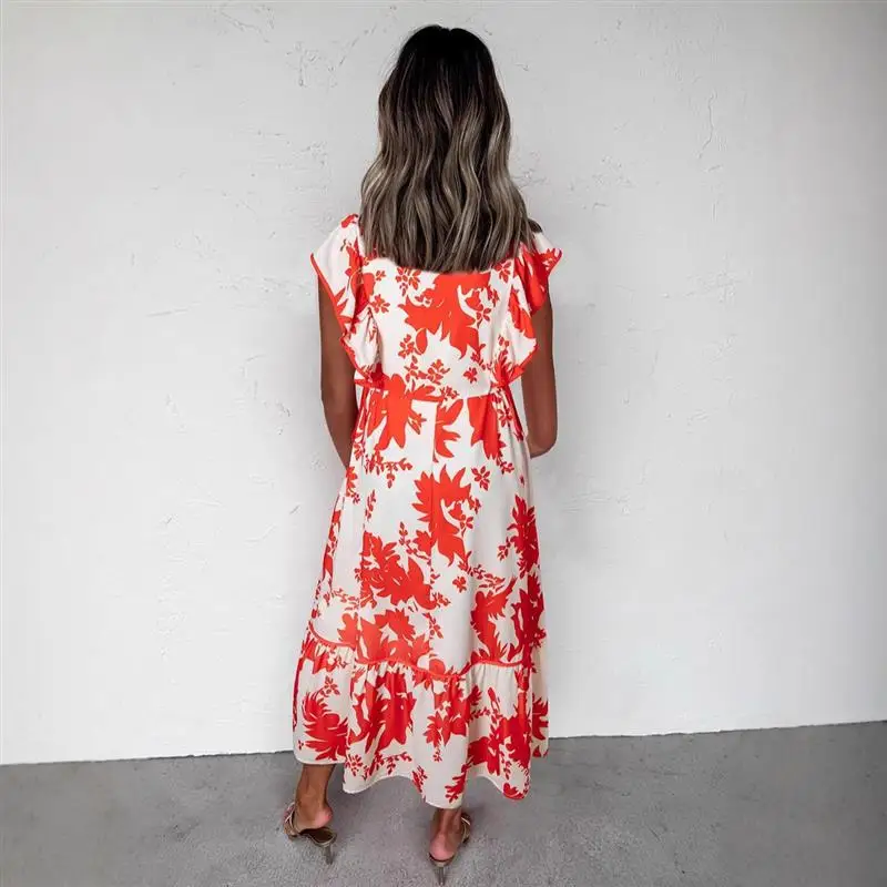 Sommer Neue V-ne Svel Floral Print Lange Dr frauen Hohe Taille Polyester n Sle Dr Abdeckung oulder Sve