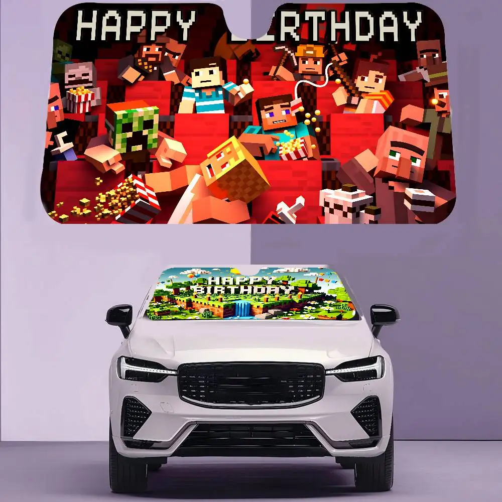 

Cartoon Pixel Style Happy Birthday Car Sunshade Shield Windshield Window Sun Blocker Cover Interior Protection For Truck SUV