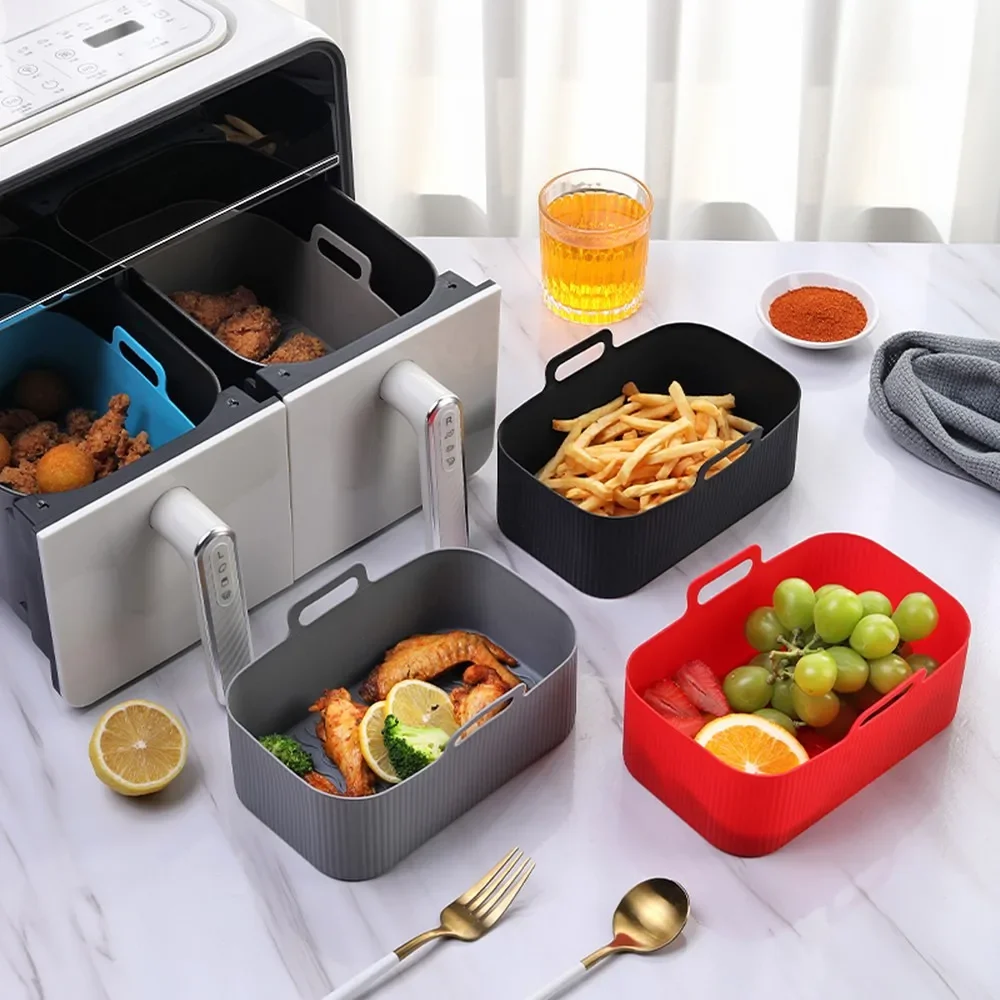 2pc/1pc Air Friteuse Silikon Tablett Rechteck Ofen Backen Korb Wiederverwendbare Liner Einsatz Gericht Gebratenes Huhn für Airfryer Zubehör – Detail 12