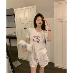 Summer New Hello Kitty Short-sleeved Top Shorts Women Home Wear Set Fashion Y2K White Clothes Streetwear T-shirt Casual Suit