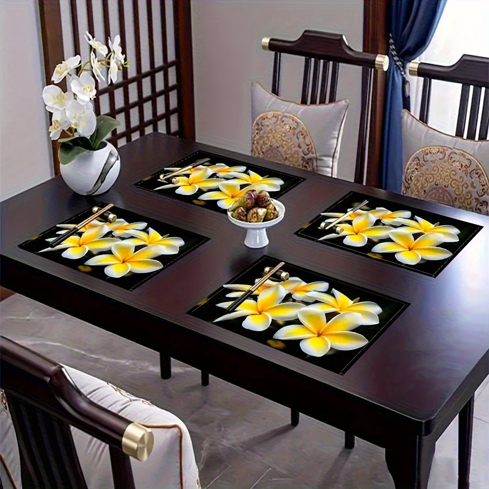 4Pcs Country-Style, Bright Tropical Floral Plumeria Placemats, Suitable for Dining Tables, Kitchens, Restaurants, Party Celebrations, and Picnics.