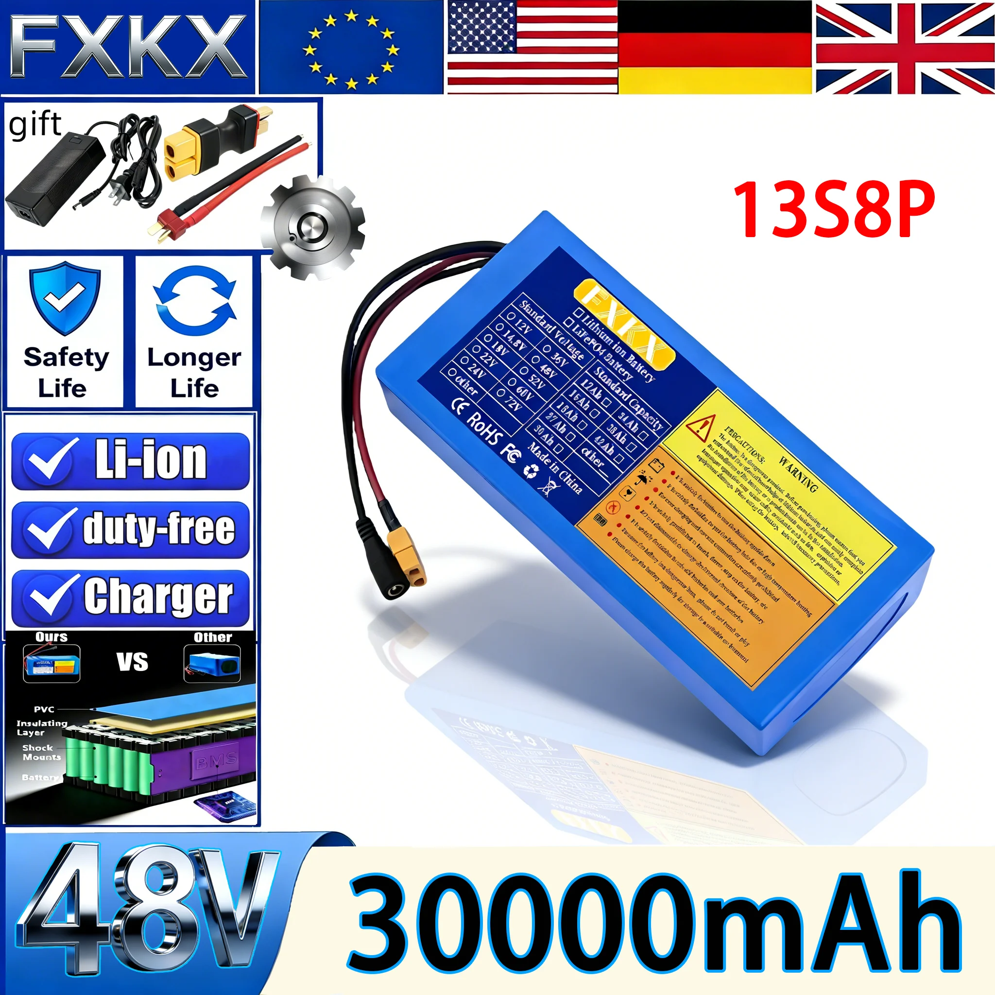 

Новый литиевый аккумулятор 48В 30Ач 13S8P 500-1500Вт высокой мощности для электромотоциклов и скутеров с BMS