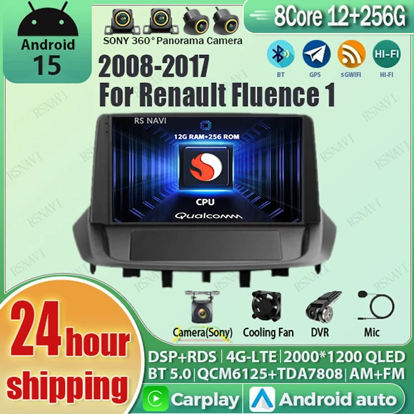 Автомобильное радио Android 15, мультимедийное воспроизведение для Renault RS Fluence Samsung SM3 2008 2010 2014, Android Auto, беспроводной Carplay 4G