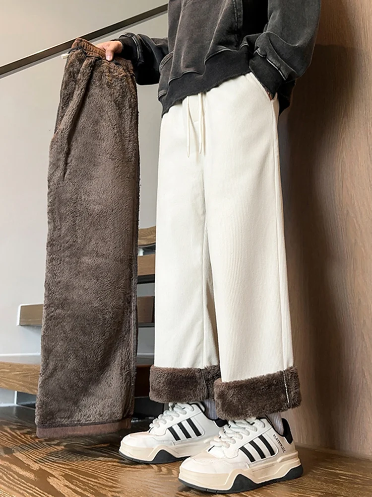 

Corduroy Fce Lined Men's Casual Pants Loose Fit Straight Leg Winter Warm Trousers Comfortable Loose Sle Anti-Cold